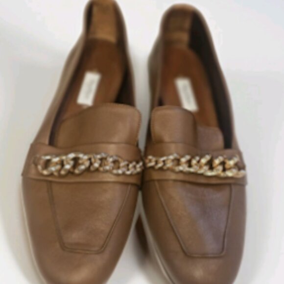 Max Mara Brown Leather Chain Detail Loafers Size 41 Made in Italy - Picture 2 of 6